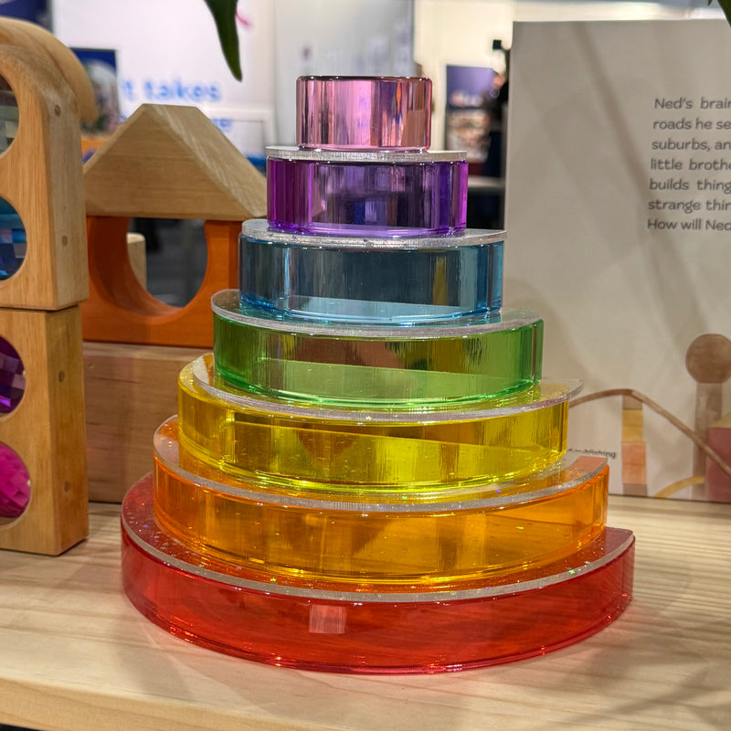 My Little Creator Lucite Rainbow Stacking 7pcs + Glitter Acrylic 6pcs Semi Circles Set Luminous Building Blocks 18m+