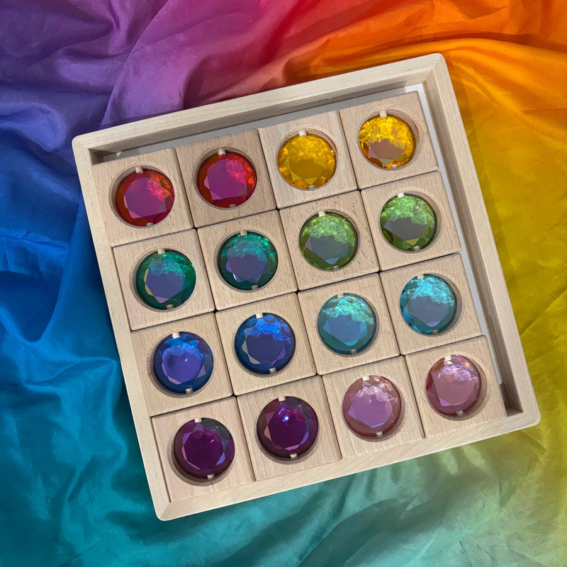 My Little Creator Double Sided Rainbow Gem Blocks Set 8 Colours 16pcs with Tray Building Blocks Wooden Toys Gift Idea for 18m+