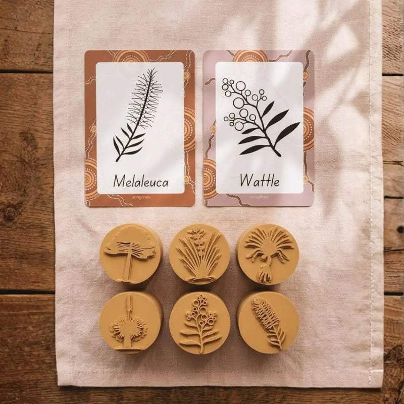 Aboriginal Flora Stamps 6 Designs+ Flashcards by Songlines Playdough Sand Toys Art and craft for kids Australian Indigenous First Nation Resources 3yrs+