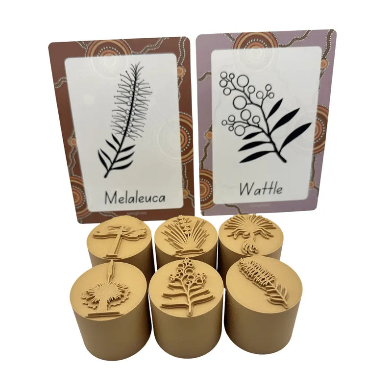 Aboriginal Flora Stamps 6 Designs+ Flashcards by Songlines Playdough Sand Toys Art and craft for kids Australian Indigenous First Nation Resources 3yrs+