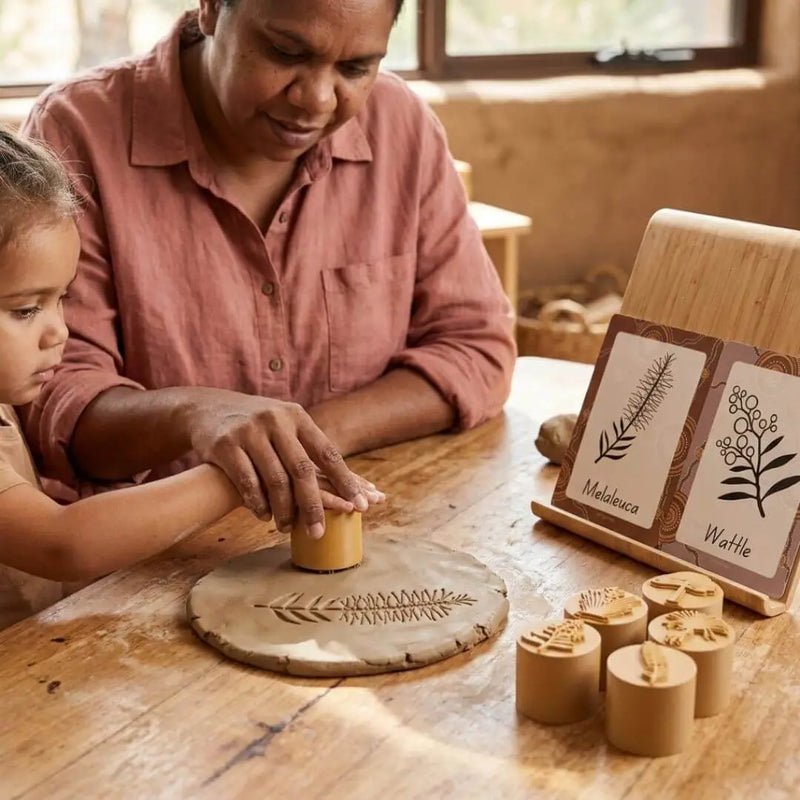 Aboriginal Flora Stamps 6 Designs+ Flashcards by Songlines Playdough Sand Toys Art and craft for kids Australian Indigenous First Nation Resources 3yrs+