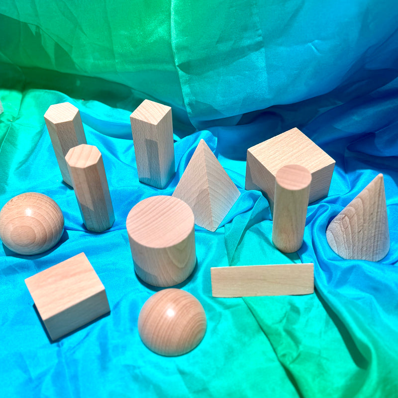 Wooden Geometric Solids 12pcs by Learning Can Be Fun Early Math STEM Cognitive Developmental Toys for Toddlers 3yrs+