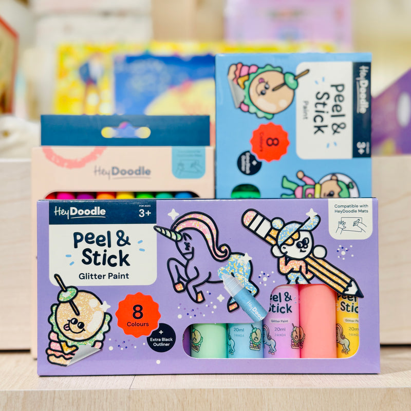 Hey Doodle Peel and Stick Glitter Paint 8 Colours Art and Craft for Kids 3yrs+