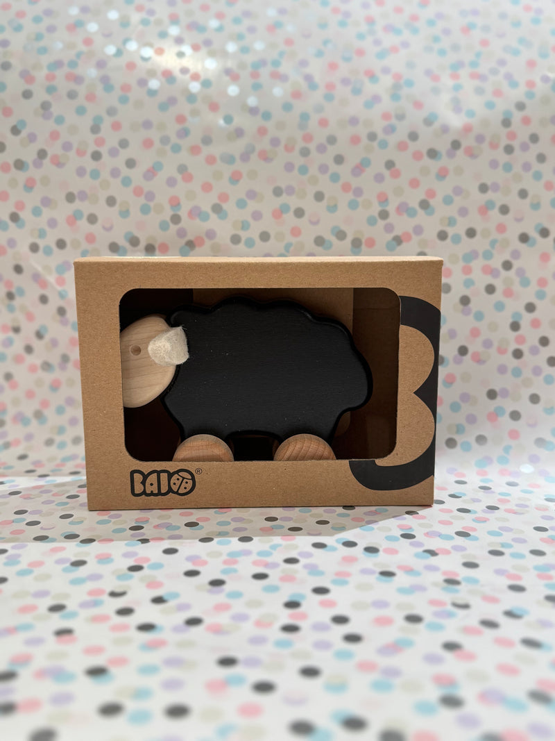 Black Sheep with White Face Wooden Push Along Roller by Bajo Developmental Toys for Toddlers Baby Toys 12m+