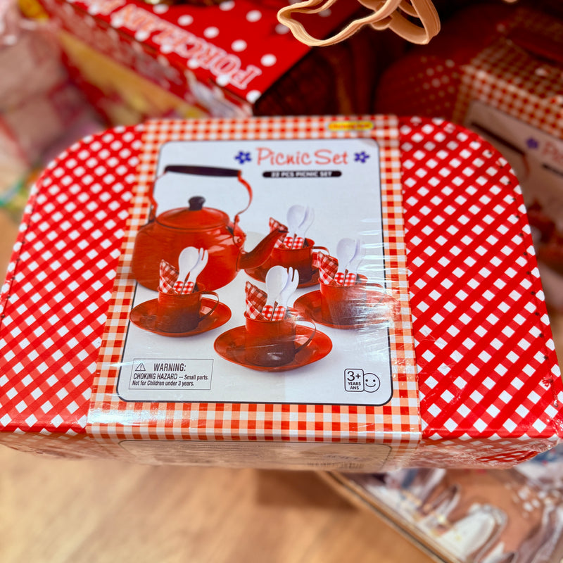 Egmont Red Metal Tin Picnic Tea Set With Kettle 22pcs Play Kitchen Pretend Play 3yrs+