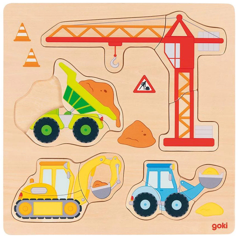 Goki Building Site Construction Vehicles Wooden Puzzles 12pcs Cognitive Developmental Toys for Kids 2yrs+