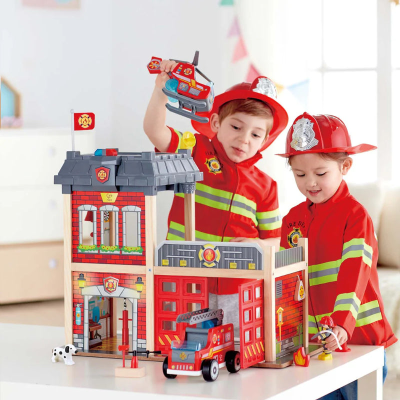 Hape Wooden Multi-level City Fire Station Set 13pcs with Light and Sound Pretend Play 3yrs+ (Bulky Shipping)