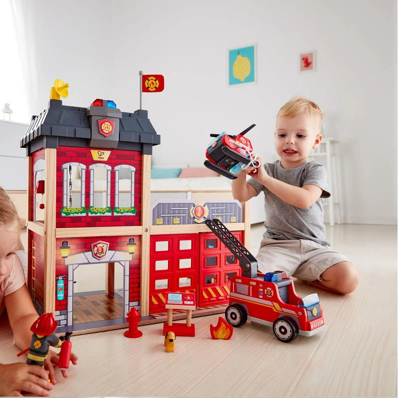 Hape Wooden Multi-level City Fire Station Set 13pcs with Light and Sound Pretend Play 3yrs+ (Bulky Shipping)