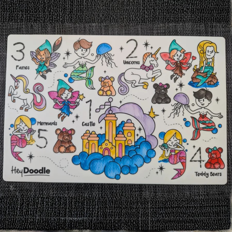 Hey Doodle 123 Mini Mats Sugar and Spice Art and craft for kids Travel Toys Fairy Unicorn and Castle Theme Early Literacy 3yrs+