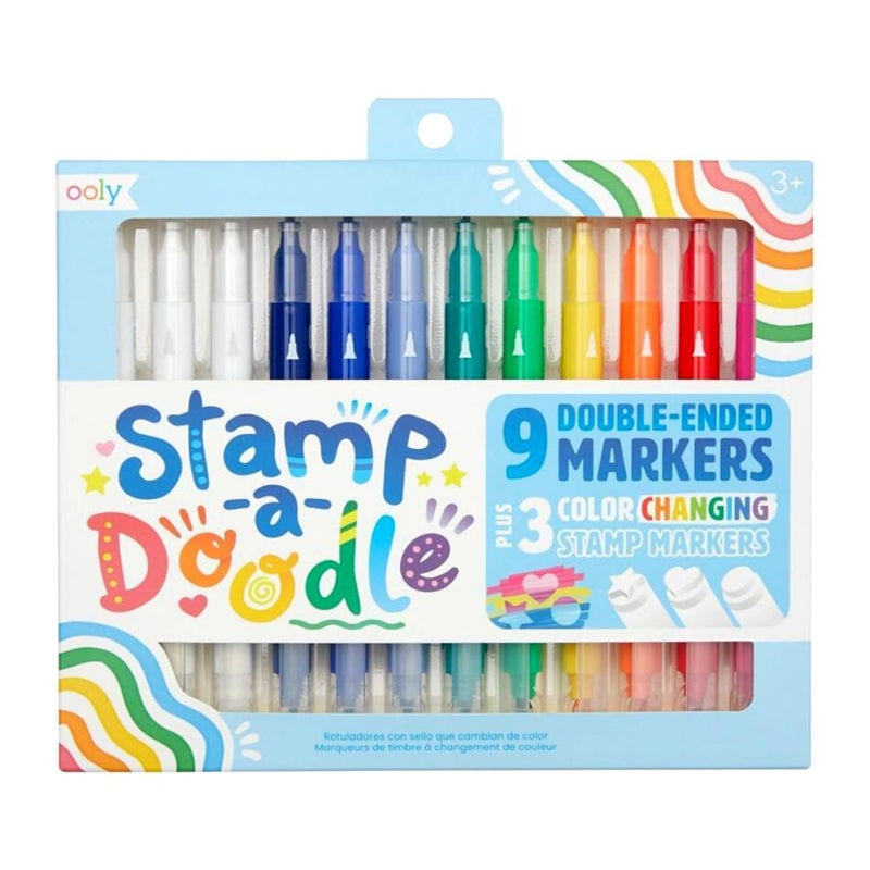 Ooly 9 Stamp A Doodle Markers plus 3 Colour Changing Stamp Markers Chisel Tip and Point Tip Double Ended Stationary Art and craft for kids 3yrs+