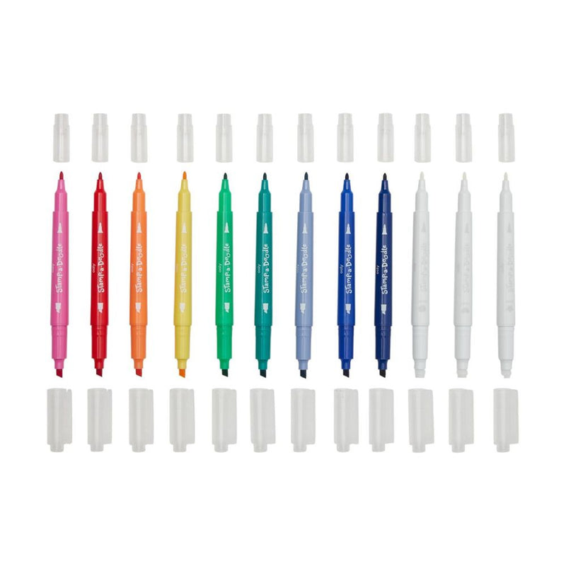 Ooly 9 Stamp A Doodle Markers plus 3 Colour Changing Stamp Markers Chisel Tip and Point Tip Double Ended Stationary Art and craft for kids 3yrs+