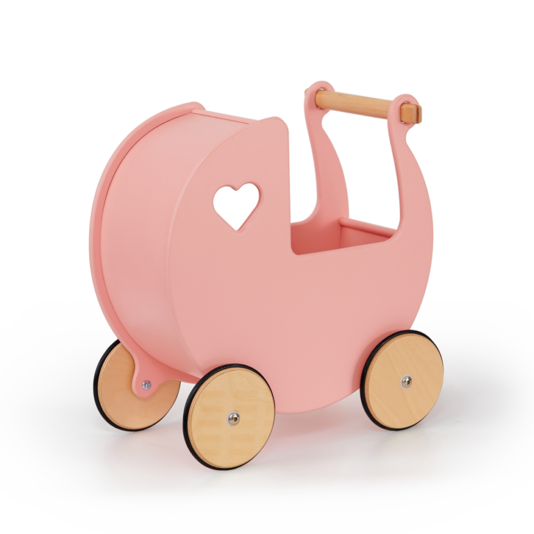 Moover Toys Classic Doll Pram Natural and Pink Natural Wood Coral Toddler Toys 18m+ (Bulky Shipping)