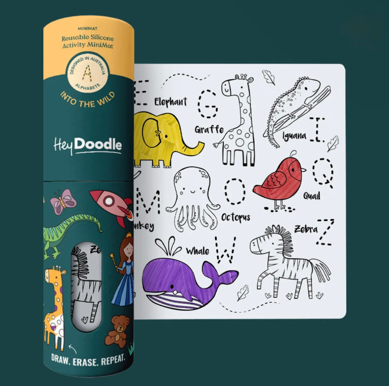 Hey Doodle ABC MiniMats Into the Wild Art and craft for kids Travel Toy Wild Animals Early Literacy Best Seller Most Loved in Store 3yrs+