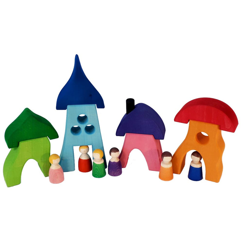 Bauspiel 4 Houses with Removable Roofs 8pcs Wooden Toys 3yrs+