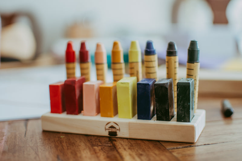 Beeswax Crayons 8 Blocks + 8 Stick in Bamboo Box by Apiscor Waldorf Education Inspired Stationary Art and craft for kids 3yrs+