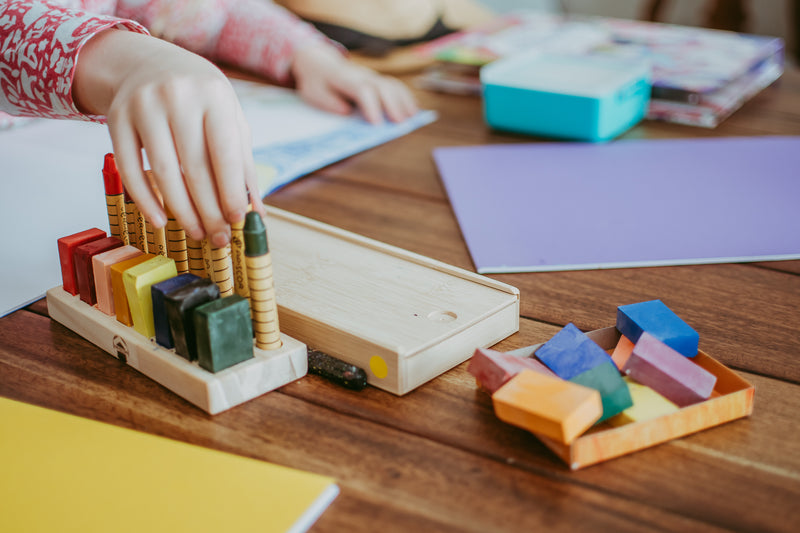 Beeswax Crayons 8 Blocks + 8 Stick in Bamboo Box by Apiscor Waldorf Education Inspired Stationary Art and craft for kids 3yrs+