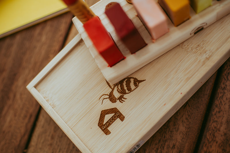 Beeswax Crayons 8 Blocks + 8 Stick in Bamboo Box by Apiscor Waldorf Education Inspired Stationary Art and craft for kids 3yrs+