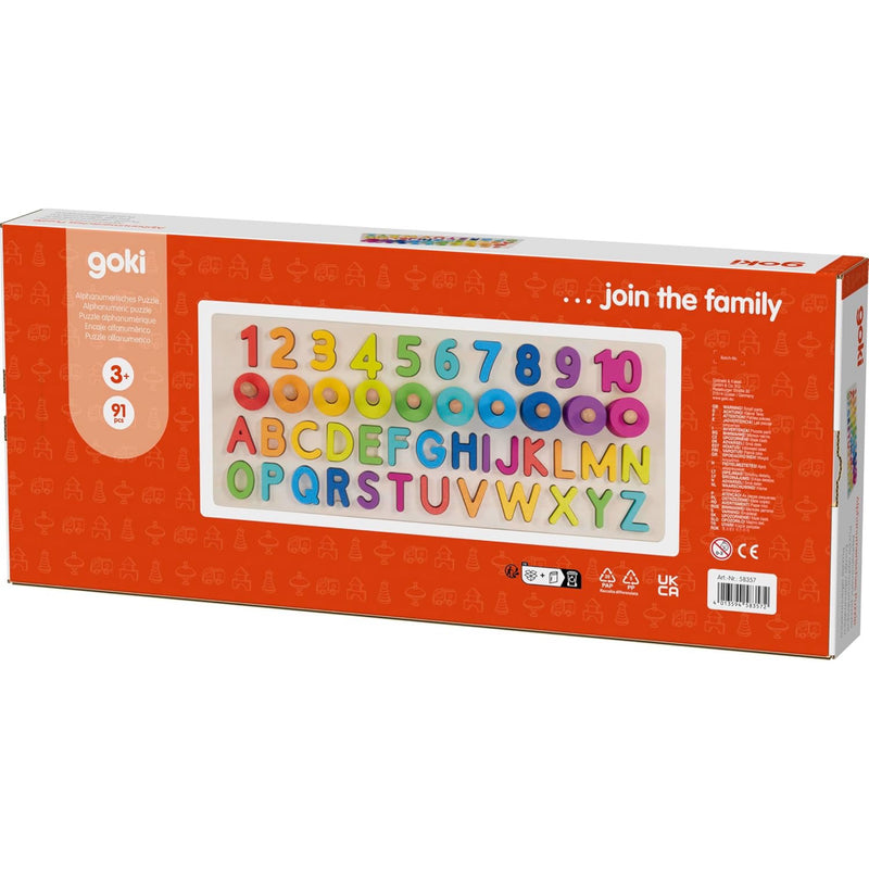 Goki Alphabet and Numbers Wooden Puzzle 91pcs Cognitive Developmental Toys Early Math Early Literacy 3yrs+