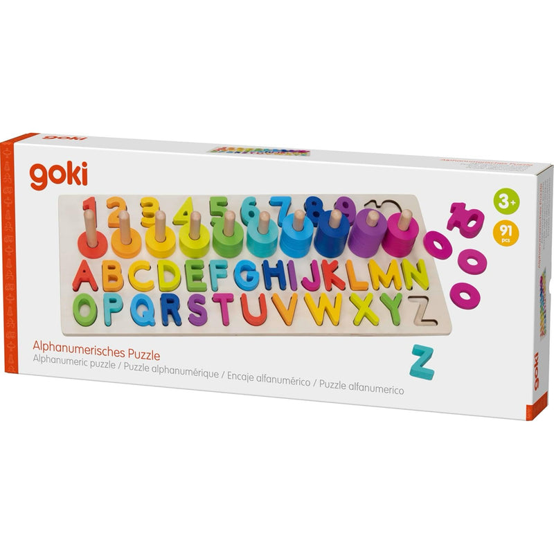 Goki Alphabet and Numbers Wooden Puzzle 91pcs Cognitive Developmental Toys Early Math Early Literacy 3yrs+