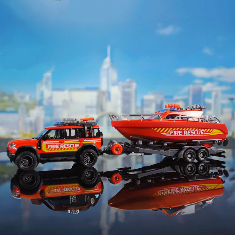 Majorette Land Rover Fire Rescue Vehicle with Boat Metal Travel Toys Car Gift Idea for 3yrs+