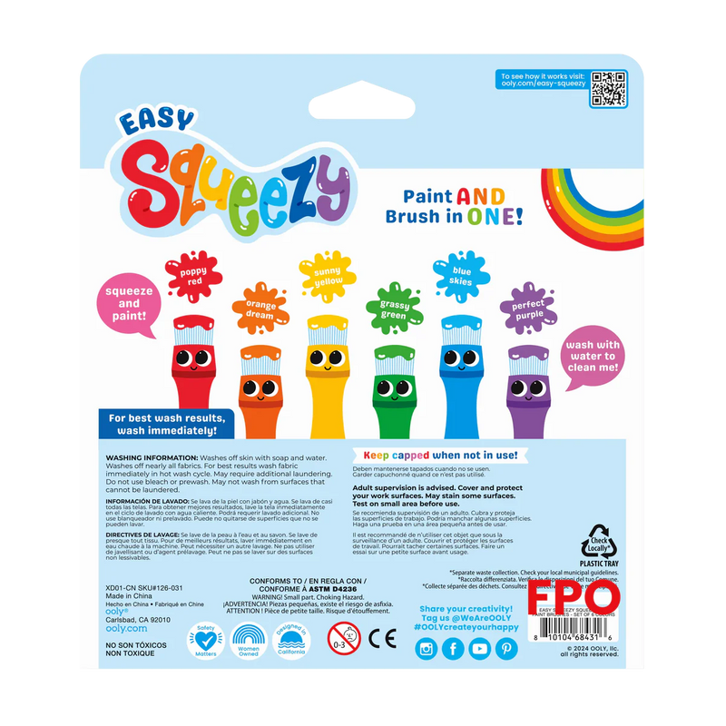 Ooly Set of 6 Easy Squeezy Squeezable Poster Paint Brushes Stationary Art and Crafts for Toddlers 3yrs+