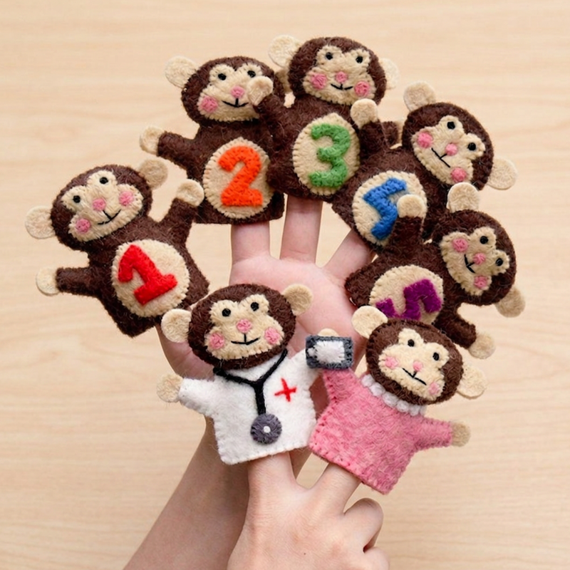 Tara Treasures Felt 5 Little Monkeys Finger Puppet Set of 7 Pretend & Imaginative Play Toys Best Seller 3yrs+