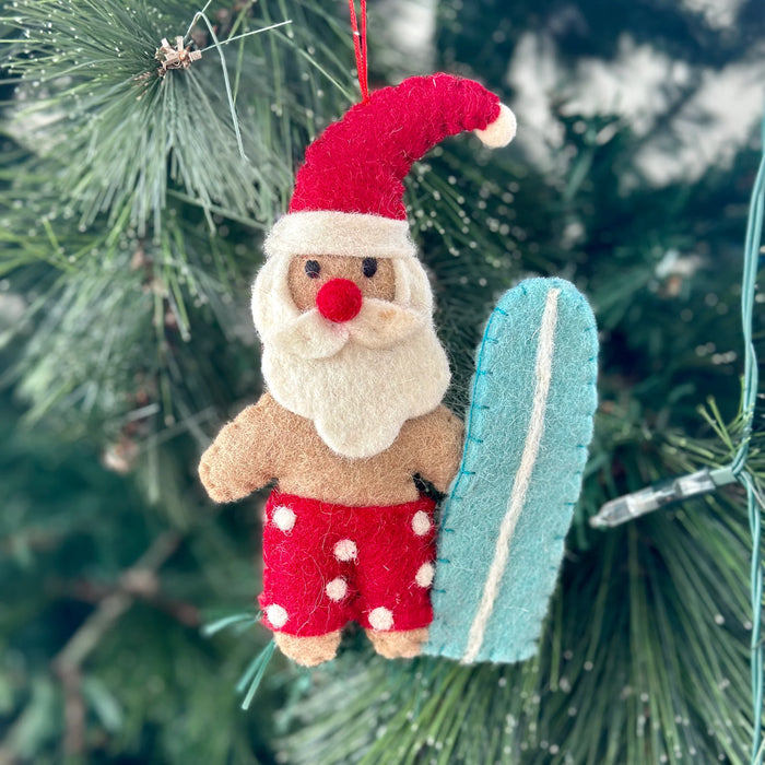 Pashom Christmas Tree Decor Felt Santa With Surfboard - Red Shorts