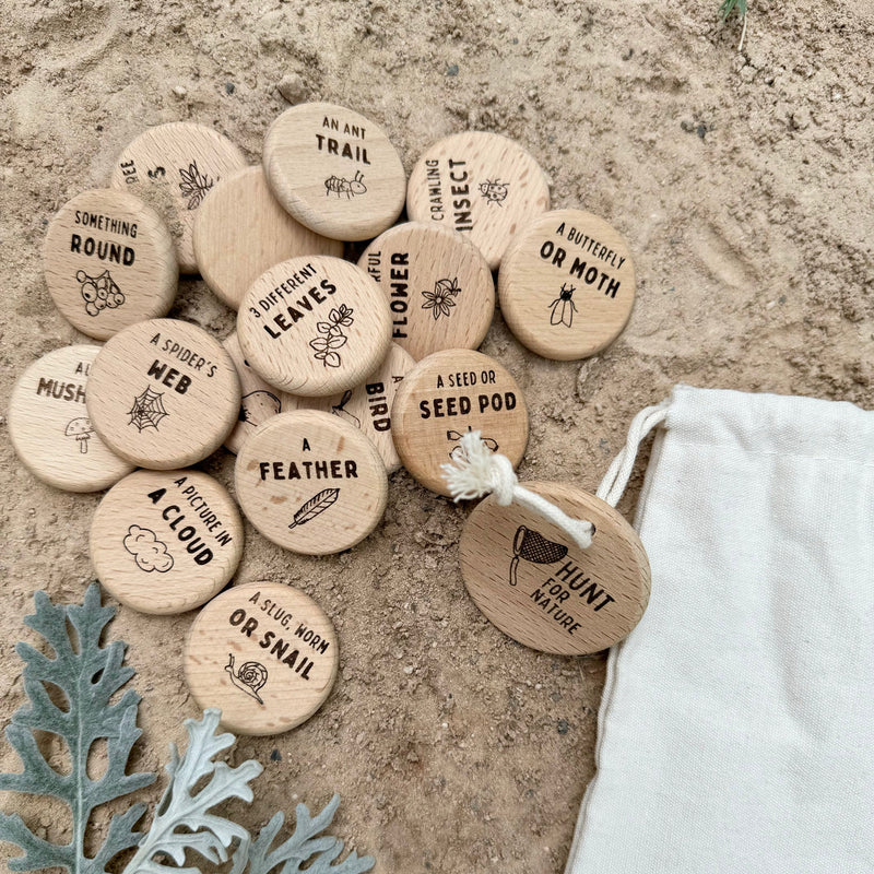 Nature Scavenger Hunt Wooden Tokens by Our Earth Life 16pcs Outdoor Activity Travel Toys 3yrs+