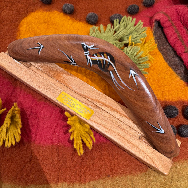 Indigenous Boomerang 35cm with Stand by Memories of Australia Musical Instruments for Kids