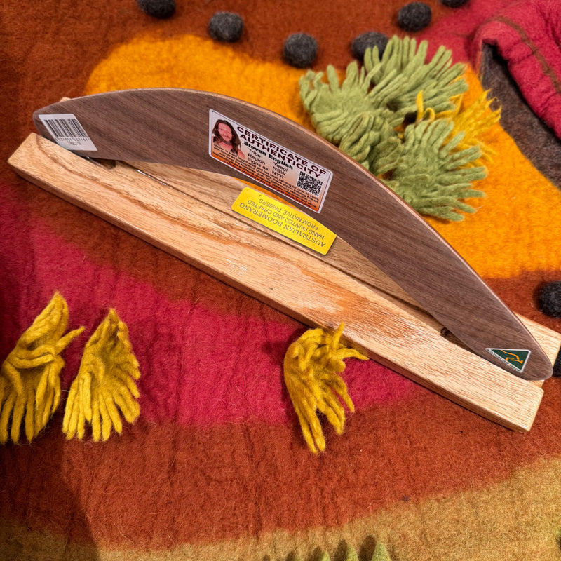 Indigenous Boomerang 35cm with Stand by Memories of Australia Musical Instruments for Kids
