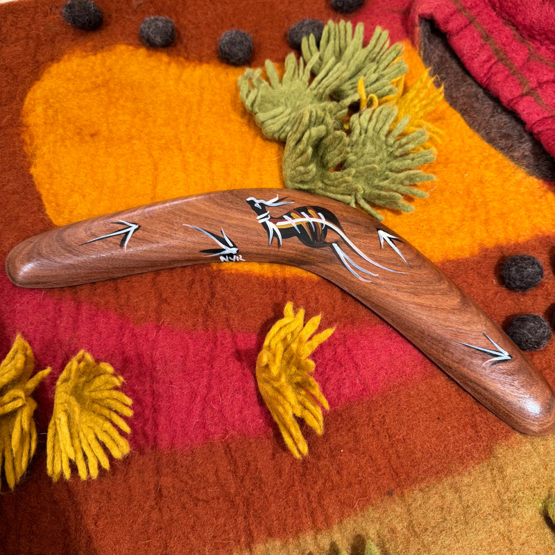 Indigenous Boomerang 35cm with Stand by Memories of Australia Musical Instruments for Kids