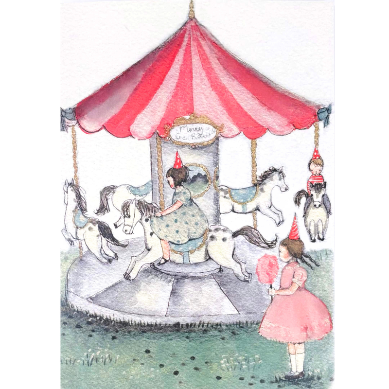 Girl Riding a Carousel by Michelle Pleasance Greetings Card Fairy Unicorn and Castle Theme