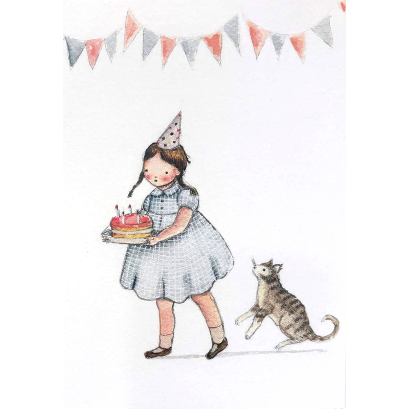 Birthday Girl and Cat Greeting Card by Michelle Pleasance Kids Birthday Card