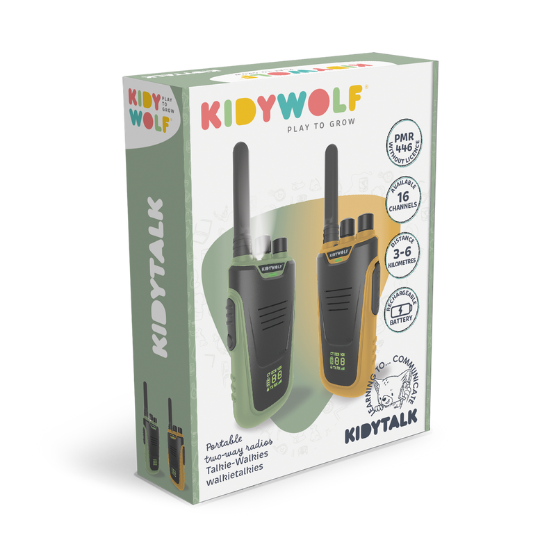 Kidywolf Walkie-Talkie Kidytalk Long Range Rechargeable with Flashlight Green & Orange 5yrs+