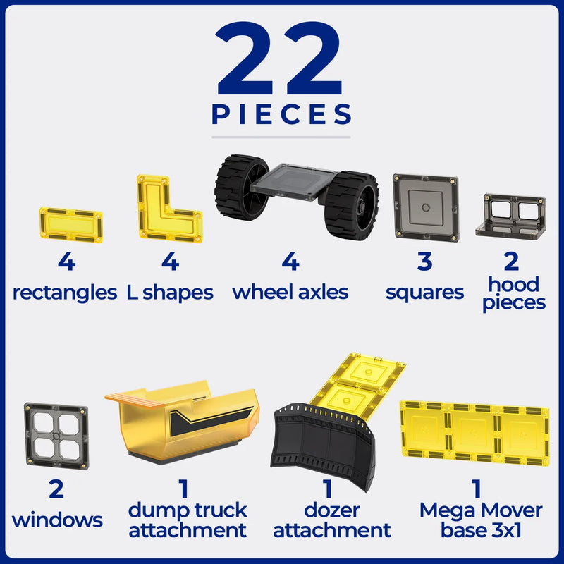 Learn and Grow Toys Magnetic Mega Earth Movers 22 Piece Transport Set by Tile Tek Magnetic Tiles Toy Car 3yrs+