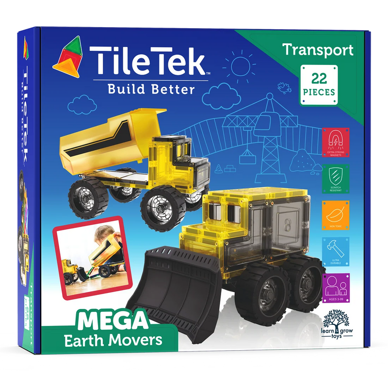 Learn and Grow Toys Magnetic Mega Earth Movers 22 Piece Transport Set by Tile Tek Magnetic Tiles Toy Car 3yrs+