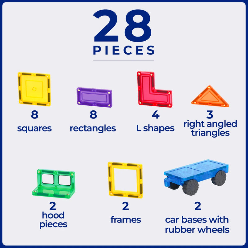 Learn and Grow Toys Magnetic Car Pack 28 Piece by Tile Tek Magnetic Tiles Toy Car 3yrs+