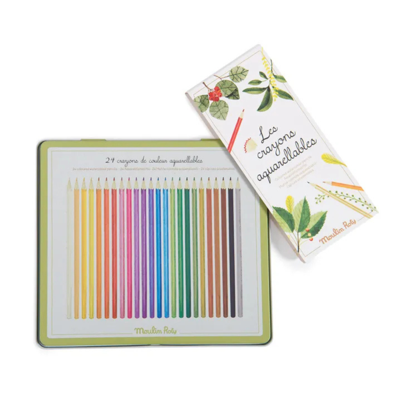 Moulin Roty Coloured Watercolour Pencils 24pcs with Metal Tin Stationary Art and Craft for Kids 3yrs+