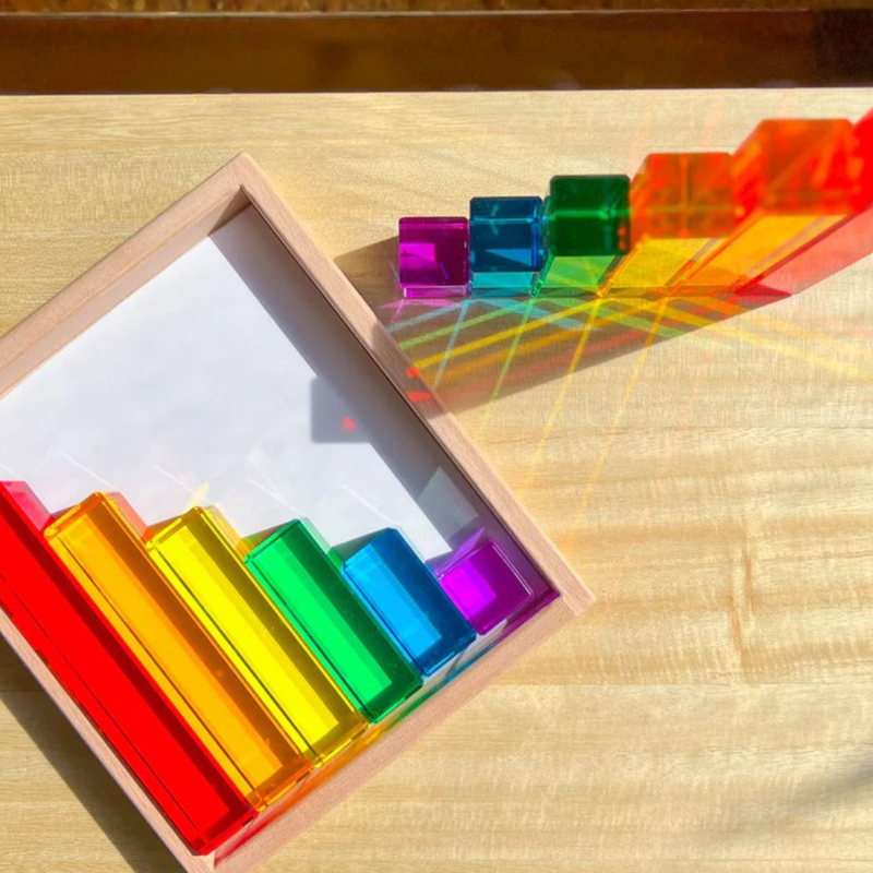 My Little Creator Lucite Rectangle Rainbow Stairs 12pcs with a Wooden Tray Luminous Building Blocks 18m+
