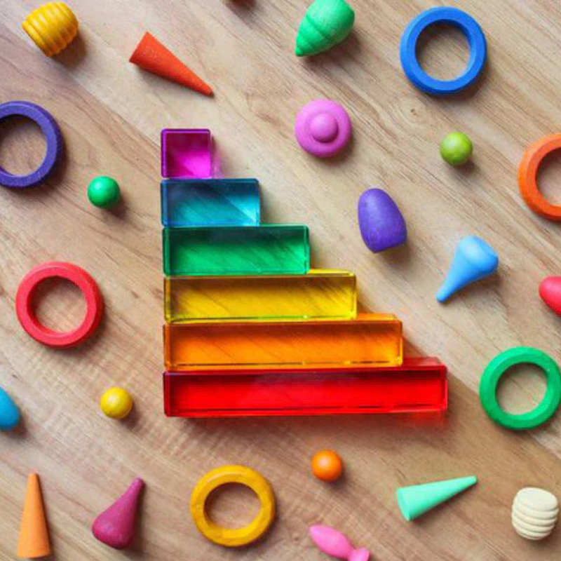 My Little Creator Lucite Rectangle Rainbow Stairs 12pcs with a Wooden Tray Luminous Building Blocks 18m+