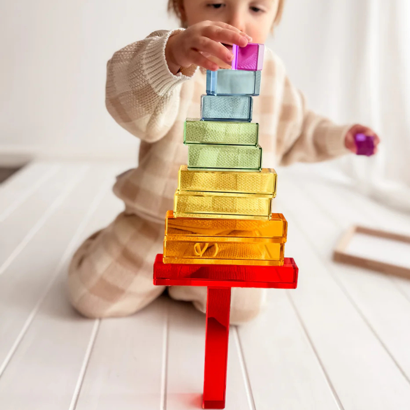 My Little Creator Lucite Rectangle Rainbow Stairs 12pcs with a Wooden Tray Luminous Building Blocks 18m+