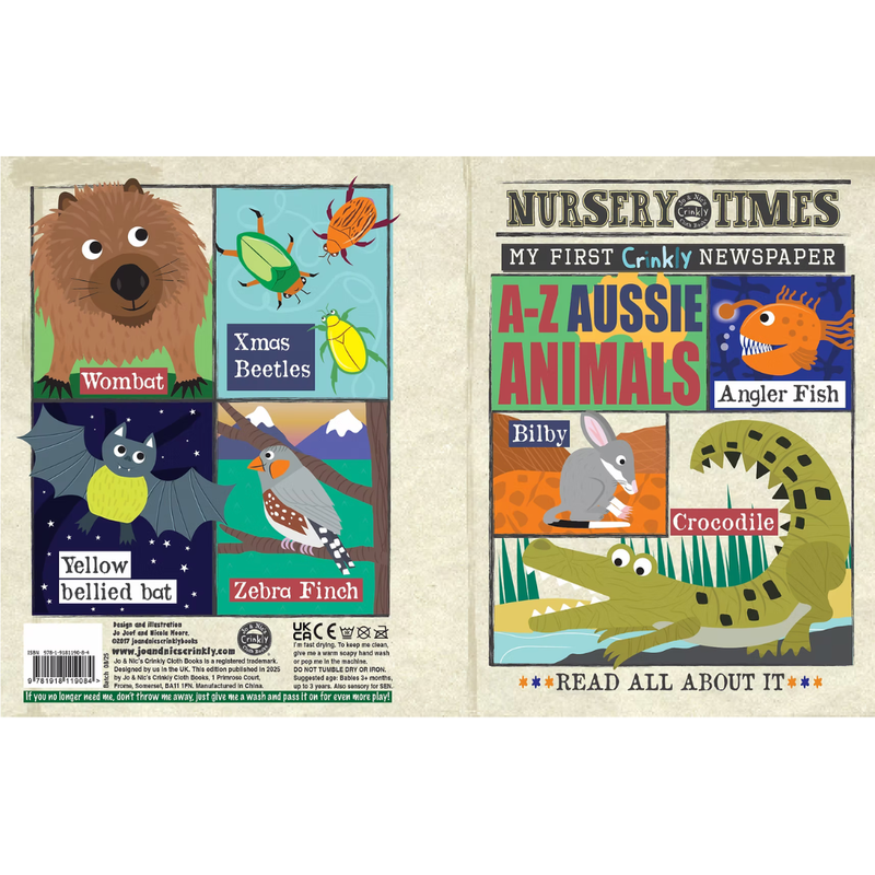 Nursery Times Crinkly Newspaper A-Z Aussie Animals by Jo & Nic's Crinkly Cloth Book Australian Theme 3m+