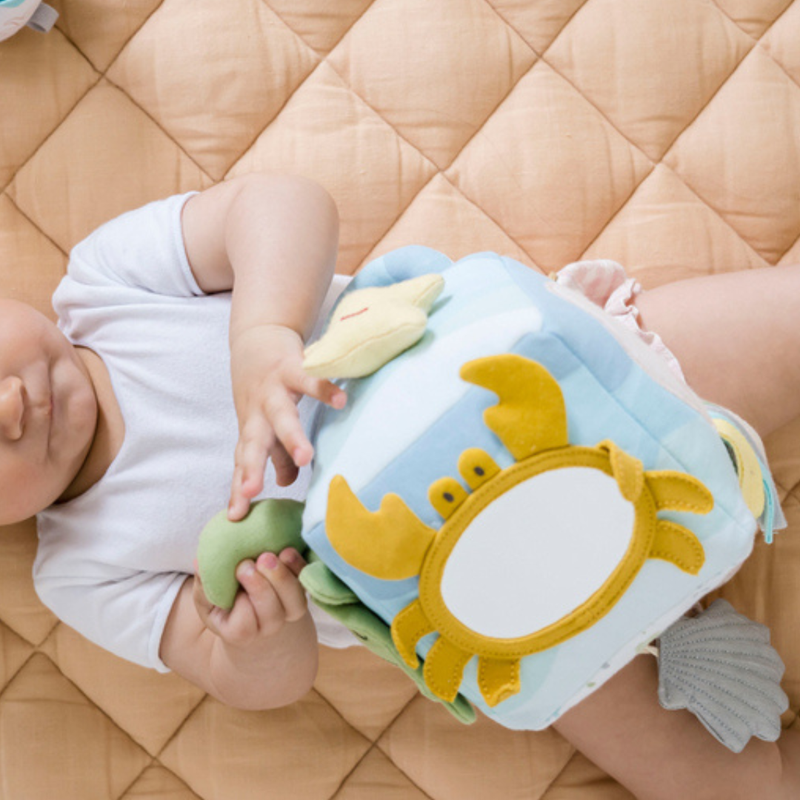 Tikiri Ocean Organic Soft Fabric Activity Cube 14cm Baby Sensory Cognitive Developmental Toys for Baby 0m+