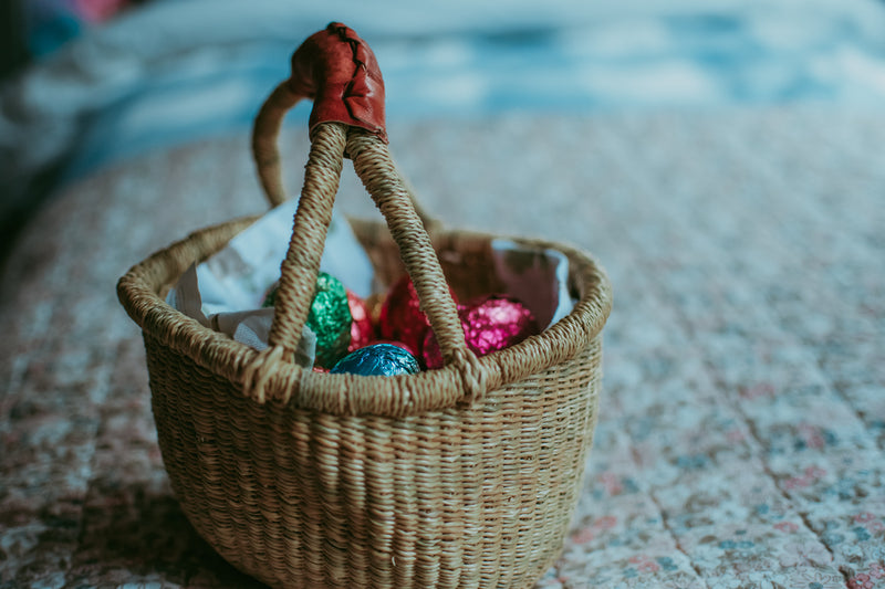 Medium Round Bolga Basket with Leather Handle Natural 26-30cm