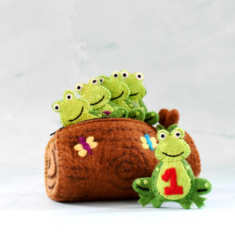 Tara Treasures Felt Five Little Speckled Frogs Finger Puppet Set With Log Bag Pretend and Imaginative Play 3yrs+