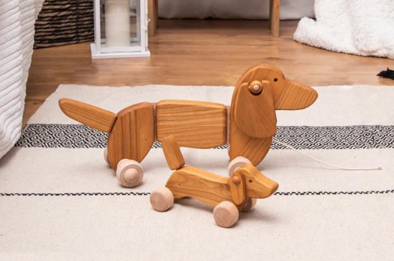 Dachshund Dog Natural Wood Push Along Roller by Bajo Toddler Toys Baby Toys 18m+