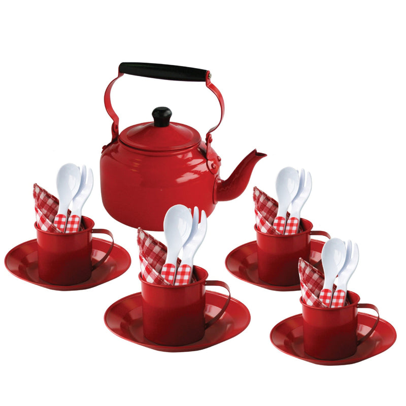 Egmont Red Metal Tin Picnic Tea Set With Kettle 22pcs Play Kitchen Pretend Play 3yrs+