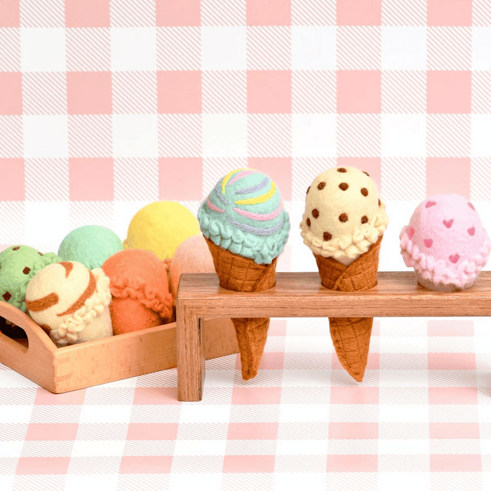 Tara Treasures Felt Ice Cream Set Play Food Play Kitchen - Waffle Cones and 9 Ice Cream Scoops