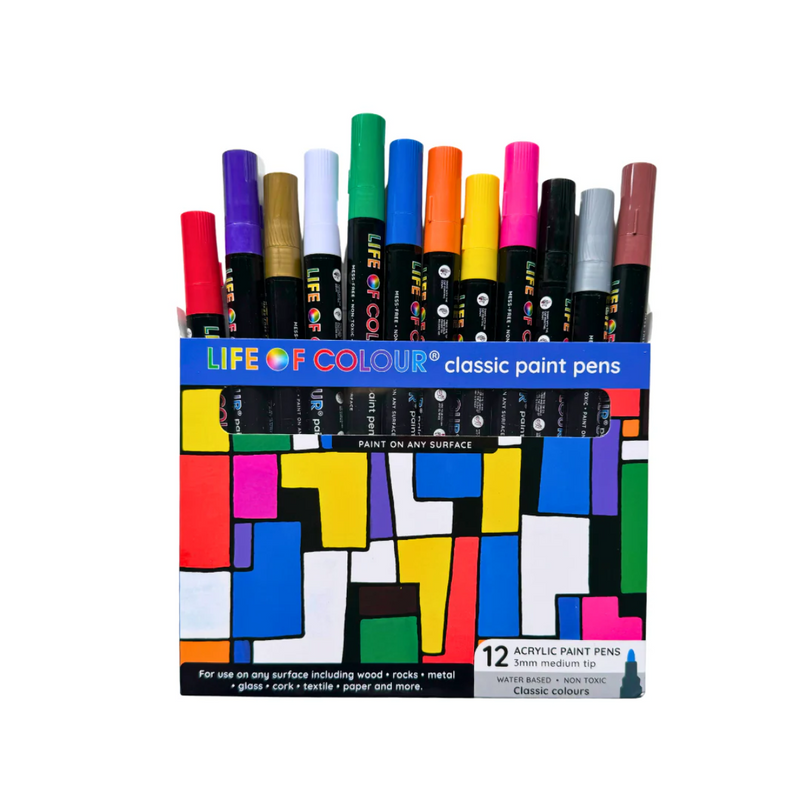 Life Of Colour All Surface Acrylic Paint Pens Classic Colours 3mm Medium Tip Set of 12 Stationary Art and craft for kids 3yrs+
