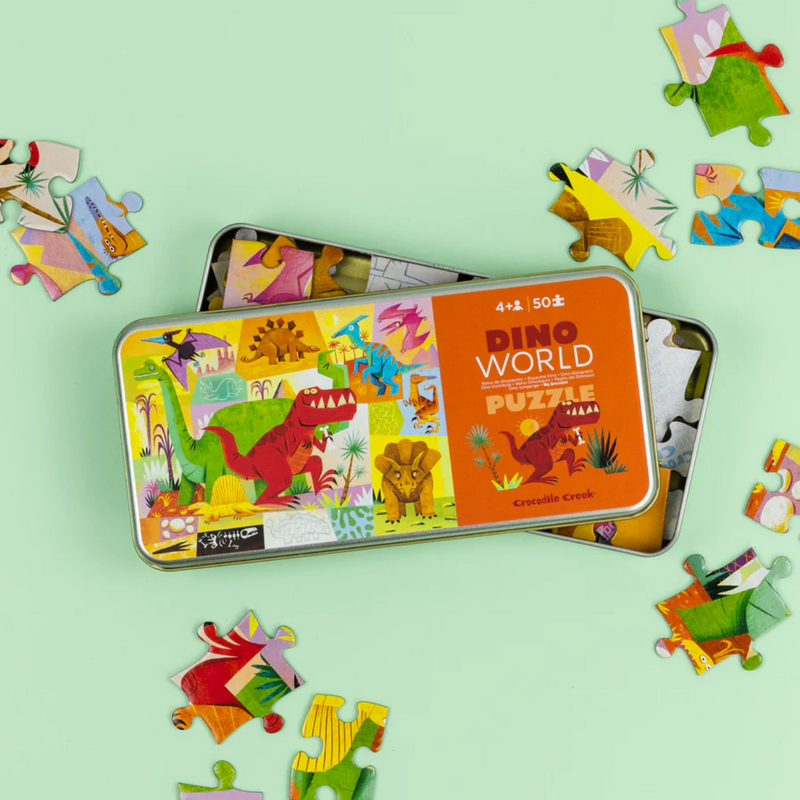 Crocodile Creek Tin Jigsaw Puzzle 50pcs Dino World Cognitive Travel Developmental Toys for Preschoolers Dinosaur and Dragon Theme 3yrs+